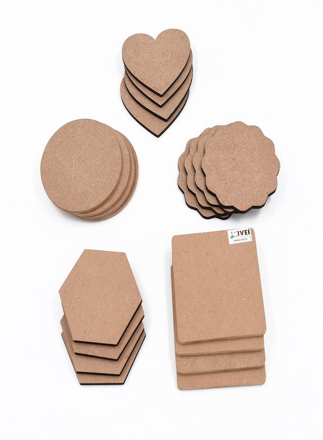 IVEI MDF Board DIY Coasters - MDF Plain Wooden Coasters in Mixed Shapes - Blank Cutouts for Painting, Wooden Sheet Craft Board for Resin Art & Fluid Art, Decoupage, Mandala Art, Pyrography - Set of 20 - Image 1